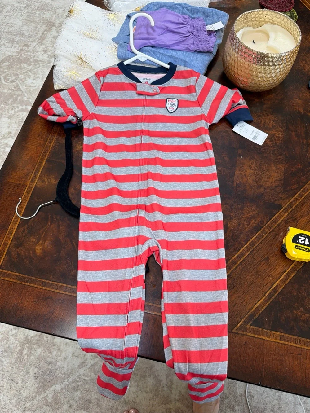 Carter's Red & Gray Striped Footed One-Piece with Navy Trim